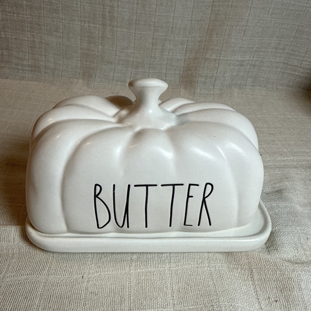 RAE DUNN White Cream BUTTER Dish Pumpkin Shaped Lid 6 Inch Ceramic Covered Dish